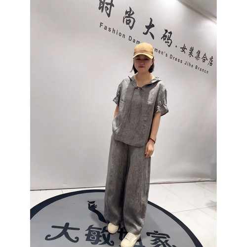 26387天骄一生水新款初夏季加肥加大码女装通勤连帽亚麻T恤小衫