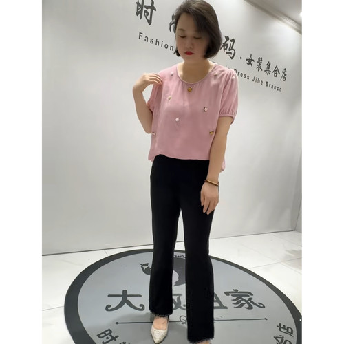 5921芮娜依莲夏季新款加肥大码女装通勤立体剪裁针丝丝绒T恤小衫