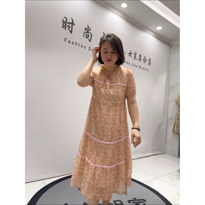 3895女权贵族2026夏新款加肥加大码女装立体剪裁雪纺收腰连衣裙子