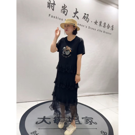 3371女权贵族2026夏新款加肥加大码女装通勤蕾丝拼接减龄连衣裙子