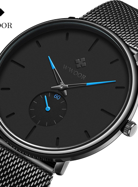 WWOOR握爱超薄简约石墨黑网带石英男女学生情侣学院风防水腕手表