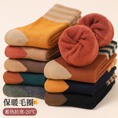 秋冬毛圈袜女加绒加厚中筒袜三杠保暖毛巾袜黑色长袜成人袜子女