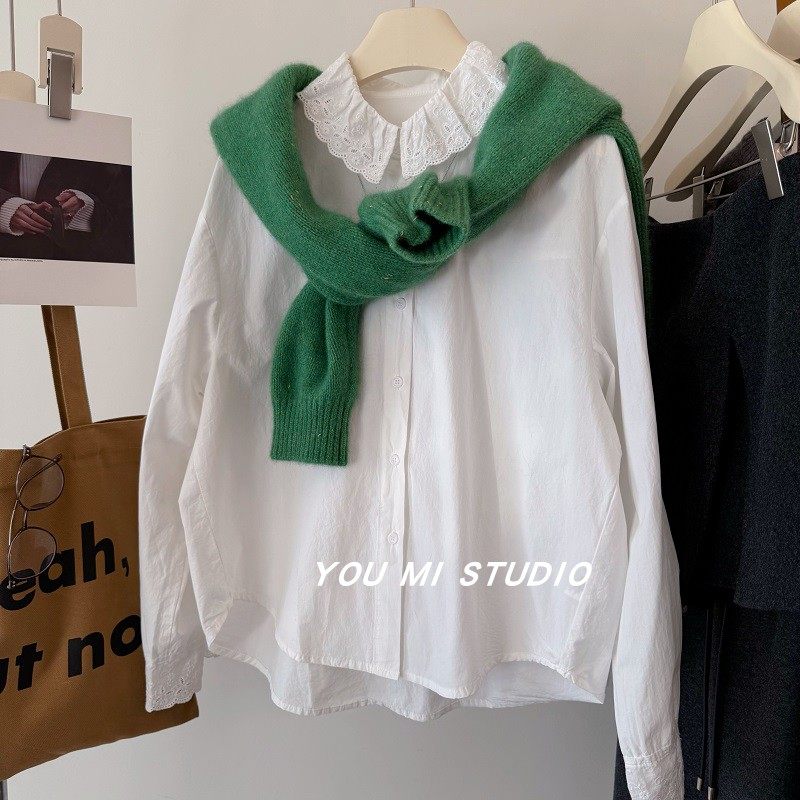 甜美蕾丝娃娃领~翻领拼接减龄百搭纯色叠搭白色长袖衬衫女上衣