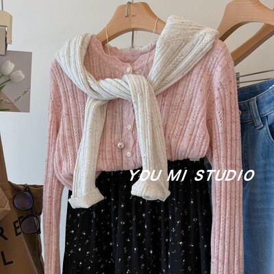 韩国绵羊毛＋亚麻彩点麻花针织衫