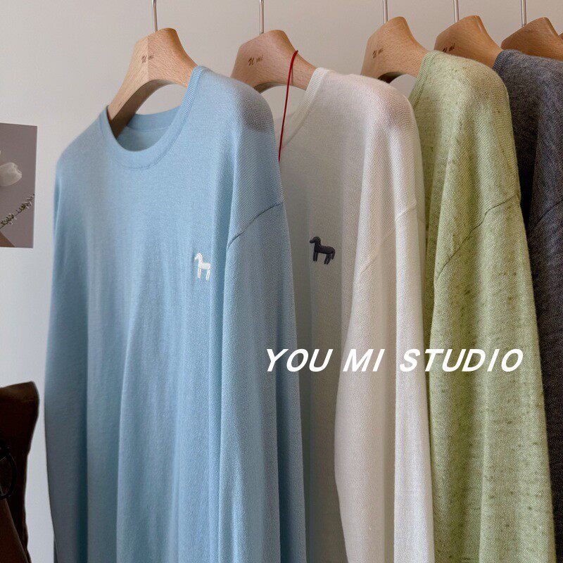 韩国new 四色小马刺绣 慵懒亲肤超薄细羊毛圆领宽松套头针织衫女