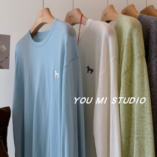 女 慵懒亲肤超薄细羊毛圆领宽松套头针织衫 韩国new 四色小马刺绣