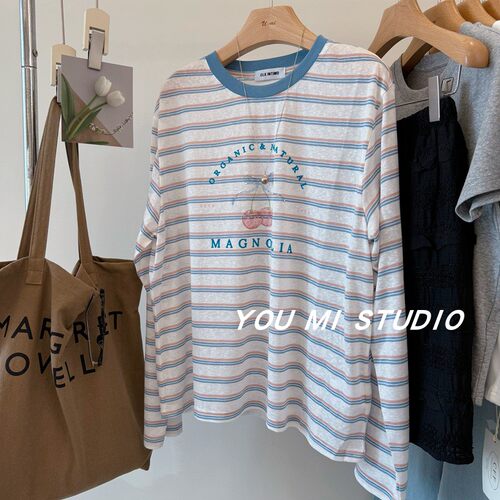 轻盈松弛手工钉珠慵懒休闲条纹t