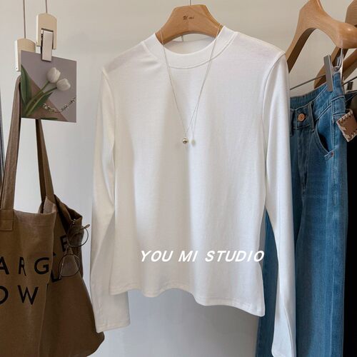韩国气质领后钉钉纯色打底白T恤