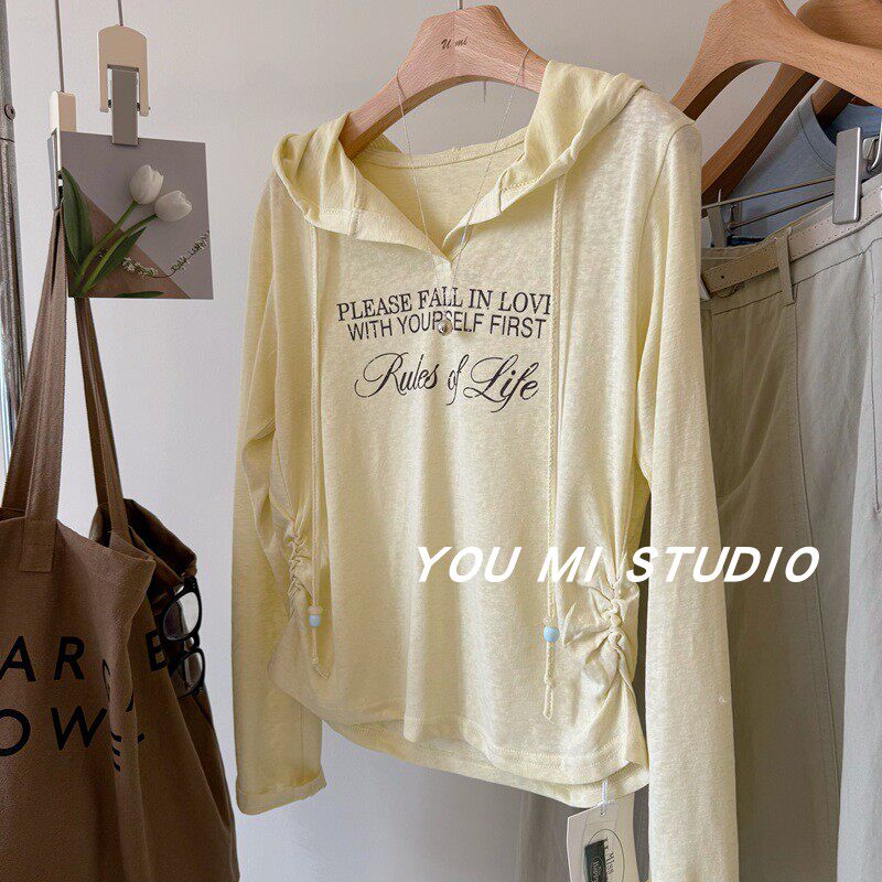 春日新品！美式字母印花 爽滑舒适连帽抽绳V领薄款套头T恤女帽衫