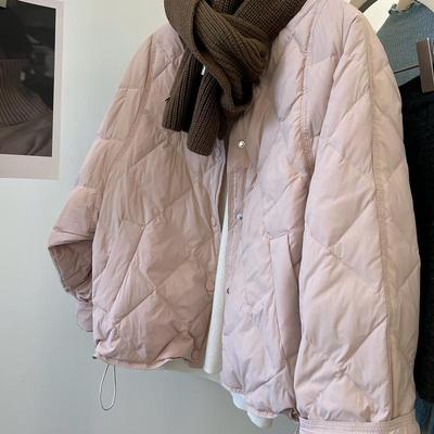 短款绗线菱形格白鸭绒羽绒服外套