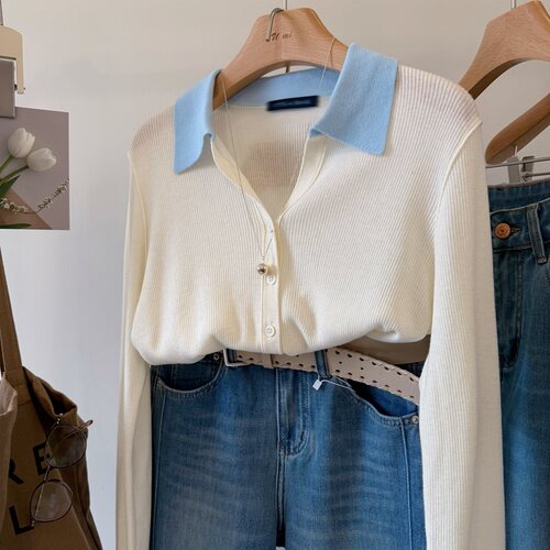 欧货30羊毛撞色假两件翻领针织衫