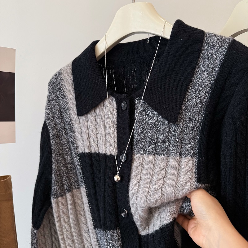 古着感山羊绒绵羊毛翻领拼色毛衣