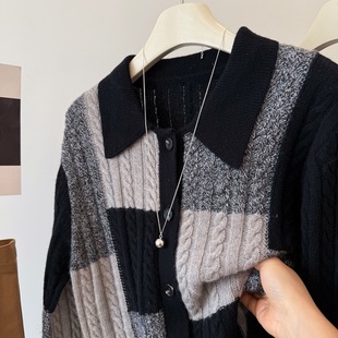 古着感！韩国%11.2山羊绒 polo领方块拼色高级感绵羊毛麻花毛衣女