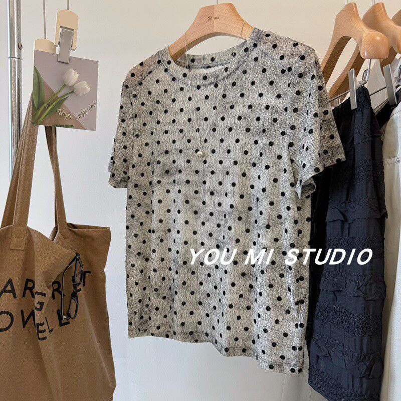 麻感肌理波点小衫~微透视晕染撞色圆领显瘦凉感舒适短袖T恤女宽松