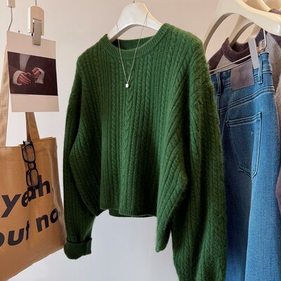 韩国山羊绒绵羊毛短款麻花毛衣女