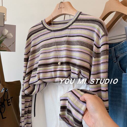 韩国%31.5绵羊毛彩色条纹针织衫