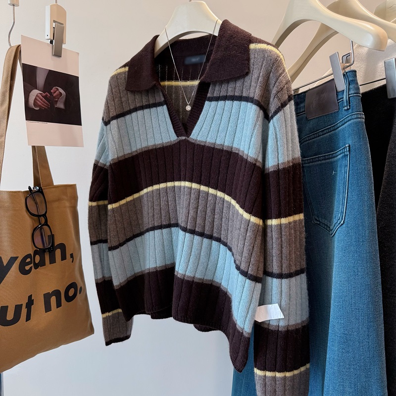 韩国山羊绒绵羊毛翻领彩条毛衣