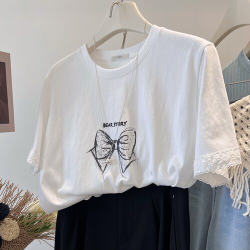 蝴蝶结印花蕾丝袖短袖白色T恤