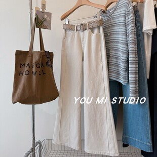 百搭裤 配腰带高腰弹力喇叭裤 子 修腿显瘦微喇牛仔裤 逆天显腿长