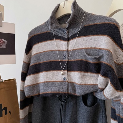 气质老钱山羊绒绵羊毛条纹毛衣