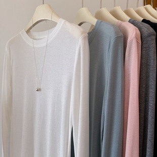 韩货2025new 软绵绵%30.7羊毛圆领天丝纯色轻薄长袖面膜T恤女外穿