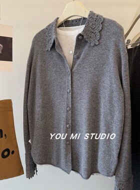 韩国10山羊绒90绵羊毛 精美刺绣钩花领 法式翻领叠穿针织衫毛衣女