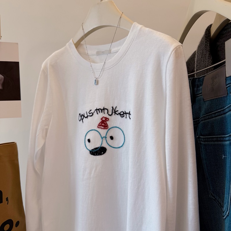 韩国蓝眼睛刺绣磨毛棉打底T恤女