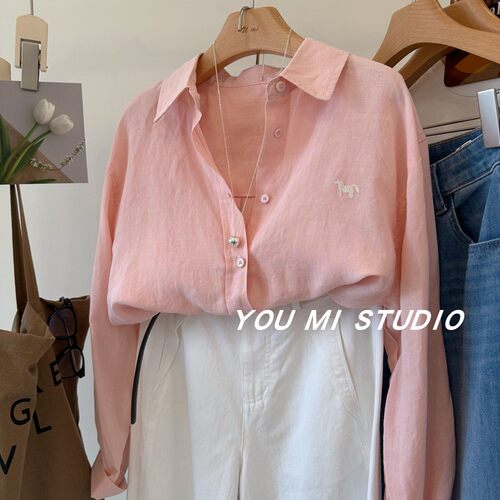 韩国100苎麻小马刺绣翻领衬衫