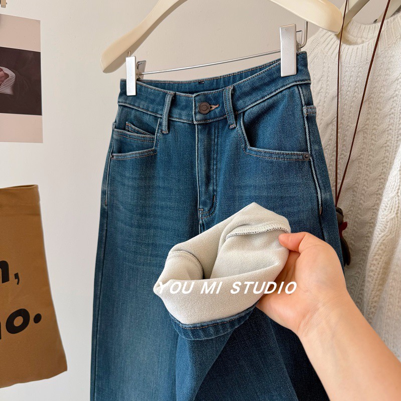 完美弹莱赛尔棉保暖加绒牛仔裤