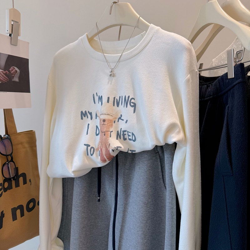 戴帽小狗印花磨毛拉绒加厚长袖t