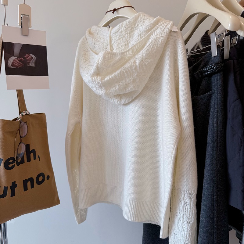 韩国100绵羊毛连帽钩花套头毛衣