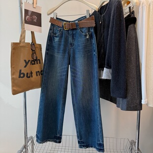 JU显腿长！宽腰带 磨破水洗显瘦高腰阔腿直筒裤女 休闲牛仔长裤