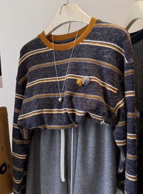 两个小南瓜 慵懒松弛 柔软厚实撞色条纹休闲宽松中长款t恤女上衣