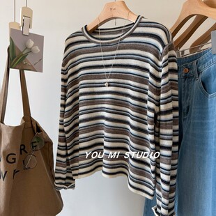 韩国ins风 女 %31.5绵羊毛慵懒随性时髦软糯亲肤彩色条纹针织衫