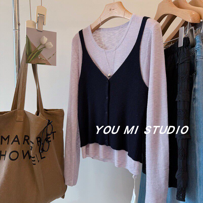 冰丝料 温柔撞色 假两件吊带氛围感叠穿显瘦长袖气质针织衫女上衣