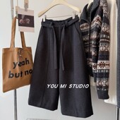 高质感毛呢裤 冬 小个子宽松八分裤 配腰带 加绒加厚显瘦阔腿直筒裤