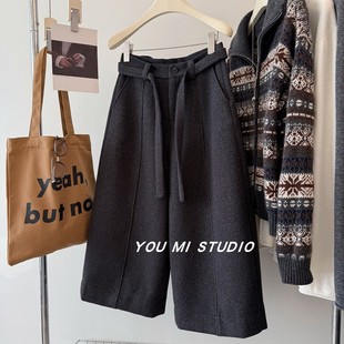 高质感毛呢裤~配腰带 加绒加厚显瘦阔腿直筒裤小个子宽松八分裤冬