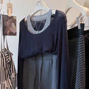 针织衫 假两件背心针织衫 透气显瘦宽松百搭长袖 薄款 女秋 亚麻料