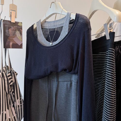 假两件拼接背心亚麻针织衫上衣