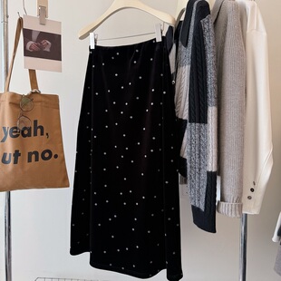 韩国25秋冬新 通勤气质柔软加厚波点丝绒半身裙女显瘦中长款a字裙