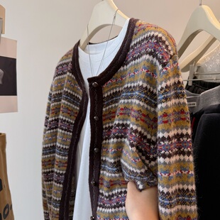 韩国new2025秋冬 费尔岛提花 柔软山羊绒绵羊毛保暖针织开衫外套