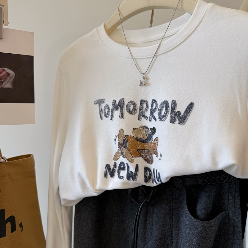 开飞机小狗印花磨毛加厚长袖T恤