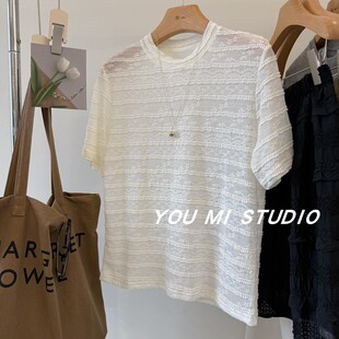 b入糯叽叽！仙仙的 皱皱肌理感微醺透视后扣子圆领蕾丝衫 小衫女