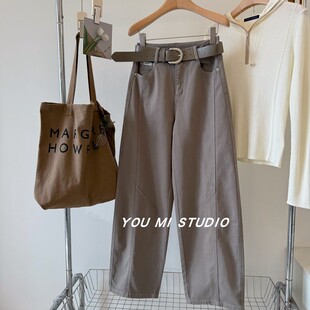 长裤 复古高级灰 百搭休闲阔腿裤 水洗高腰弯刀牛仔裤 女春 配腰带