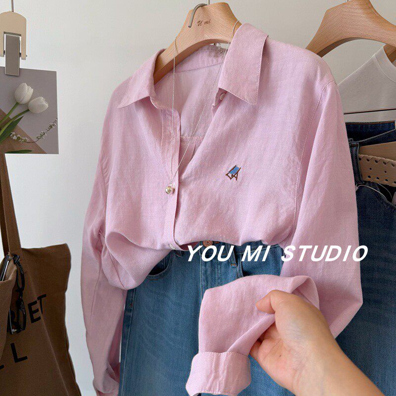 春日蜜糖！韩国小板凳刺绣天丝苎麻慵懒宽松百搭休闲长袖衬衫女春