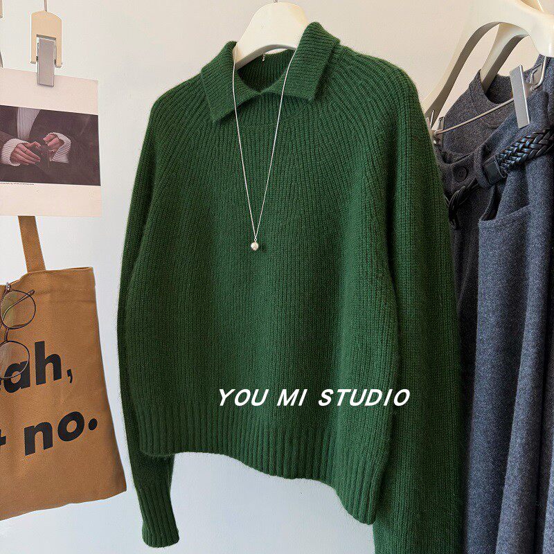 韩国山羊绒绵羊毛简约翻领针织衫