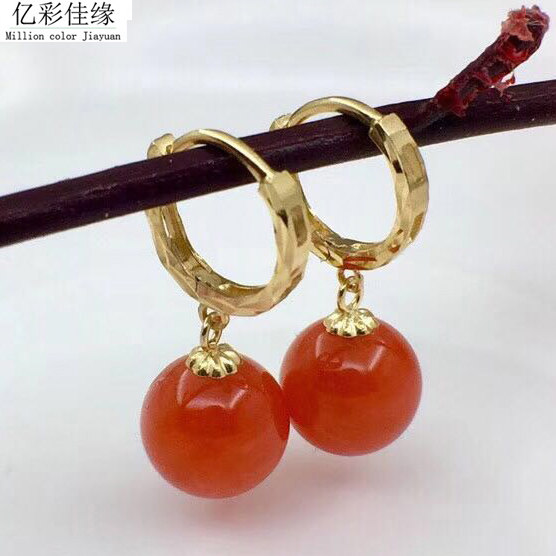 带证书18K黄金耳环耳圈 樱桃红南红耳坠 本命年耳饰闺蜜女友耳扣