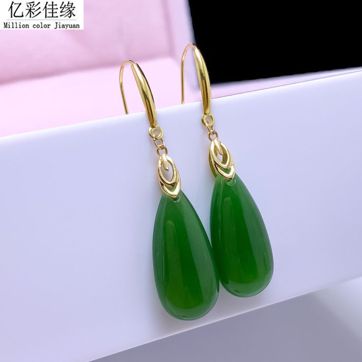 18K金黄金玫瑰金耳环 天然和田玉 菠菜绿碧玉耳饰耳钉耳扣 带证书