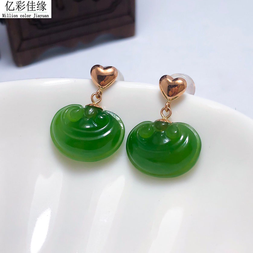 18K黄金耳钉玫瑰金爱心耳饰 女和田玉耳环老料碧玉如意耳坠带证书