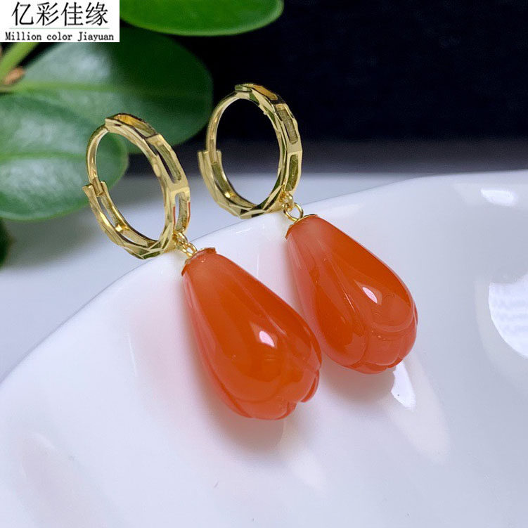 证书18K黄金耳扣玫瑰金耳环 天然南红玉兰花耳坠女本命年耳饰耳钉